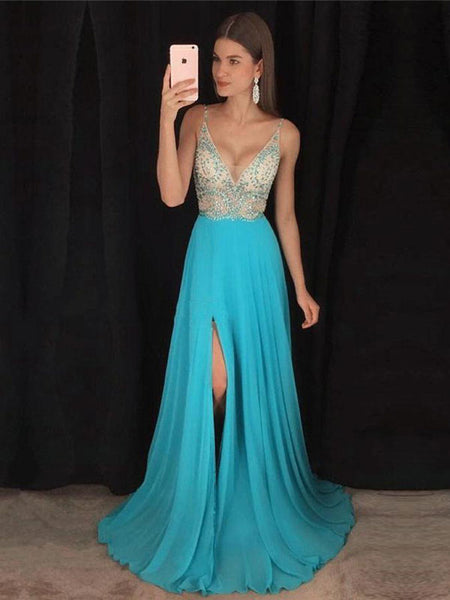 A-Line/Princess V-neck Floor Length Spaghetti Straps Prom Formal Dress with Beading