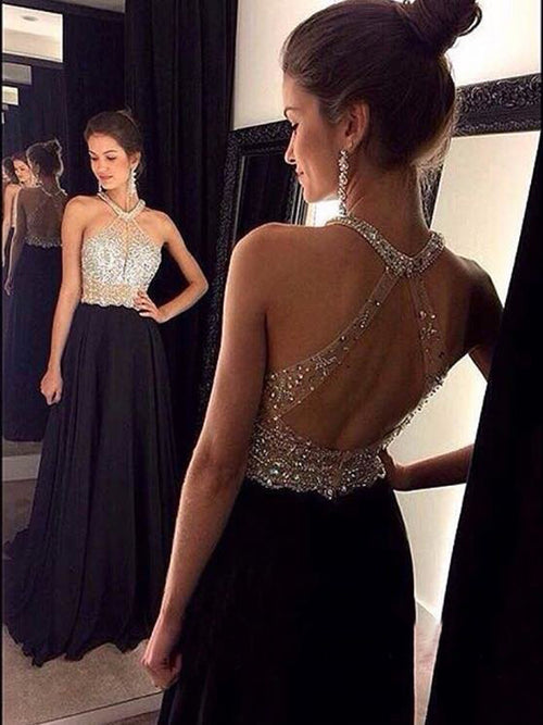 Sheath/Column Halter Sweep/Brush Train Chiffon Prom Formal Evening Dress with Beading