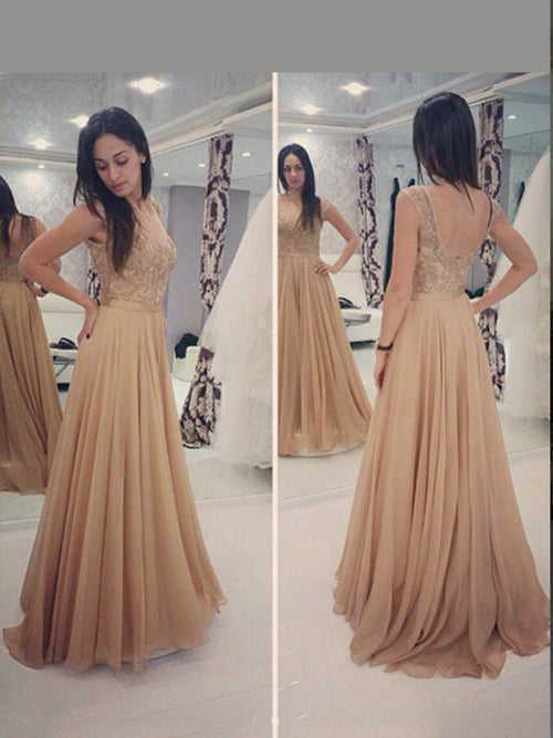 A-Line/Princess Scoop Floor Length Chiffon Prom Formal Evening Dress with Applique