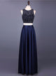 A-Line/Princess Scoop Floor Length Chiffon Two Piece Prom Evening Dress with Beading