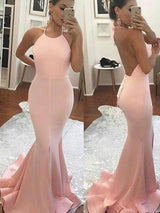 Trumpet/Mermaid Halter Sweep/Brush Train Satin Prom Formal Evening Dress