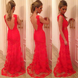 Trumpet/Mermaid V-neck Floor Length Lace Prom Formal Evening Dress with Applique