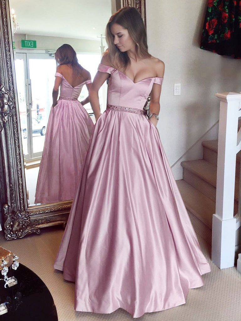 A-Line/Princess Off-the-Shoulder Sleeveless Sweep/Brush Train Satin Pr ...