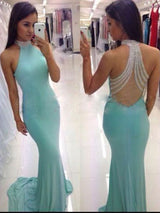 Sheath/Column High Neck Sleeveless Jersey Sweep/Brush Train Prom Evening Dress with Beading