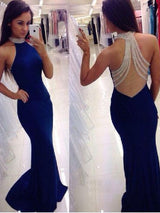 Sheath/Column High Neck Sleeveless Jersey Sweep/Brush Train Prom Evening Dress with Beading