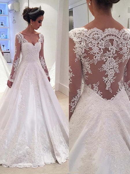 Ball Gown V-neck Long Sleeves Satin Court Train Wedding Dress with Lace