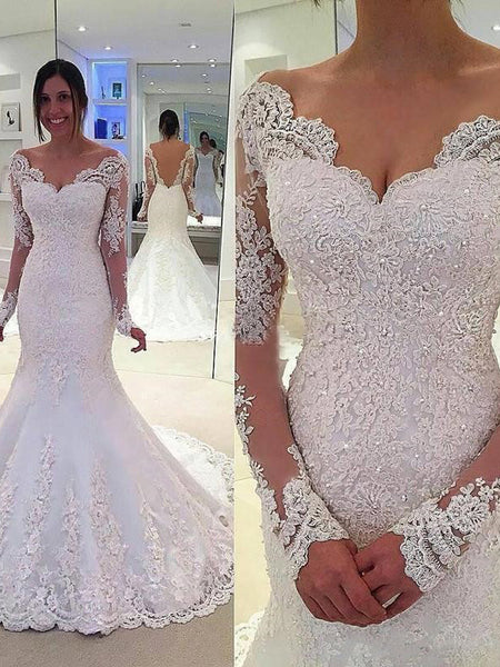 Trumpet/Mermaid V-neck Long Sleeves Tulle Court Train Bridal Dress with Lace