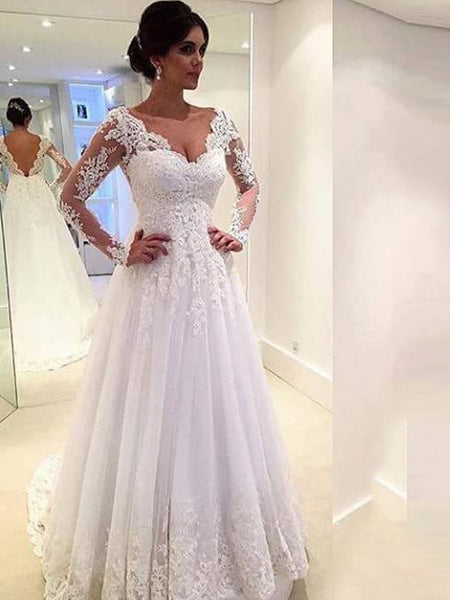 Ball Gown V-neck Long Sleeves Tulle Court Train Bridal Gown with Lace