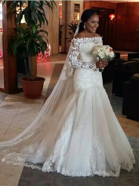 Trumpet/Mermaid Off-the-Shoulder Long Sleeves Tulle Sweep/Brush Train Wedding Dress with Lace