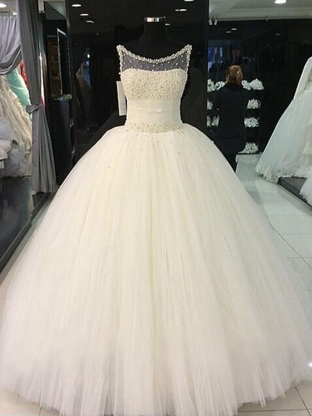 Ball Gown Scoop Floor-Length Sleeveless Tulle Wedding Dress with Beading