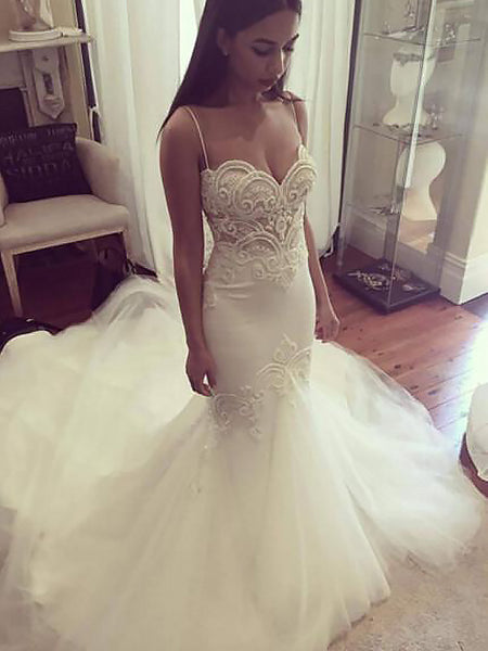 Trumpet/Mermaid Spaghetti Straps Chapel Train Sleeveless Tulle Wedding Dress