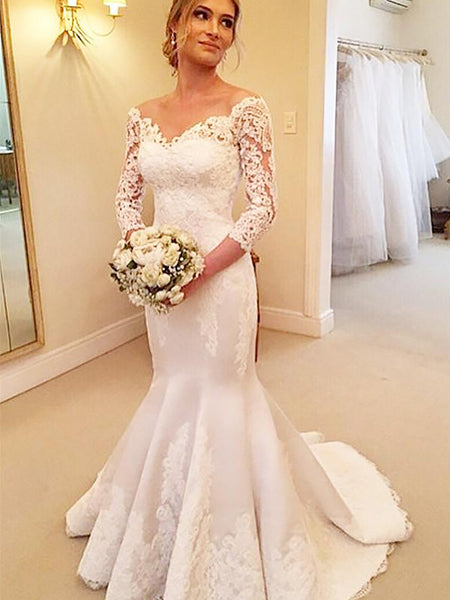 Trumpet/Mermaid Off-the-Shoulder Court Train 3/4 Sleeves Satin Wedding Dress