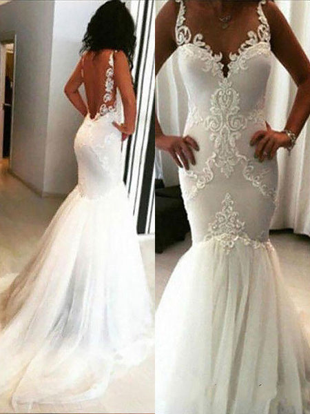 Trumpet/Mermaid Spaghetti Straps Chapel Train Sleeveless Tulle Bridal Dress with Applique