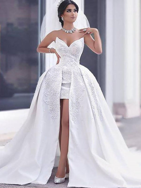 Ball Gown Sweetheart Chapel Train Sleeveless Satin Wedding Dress with Beading