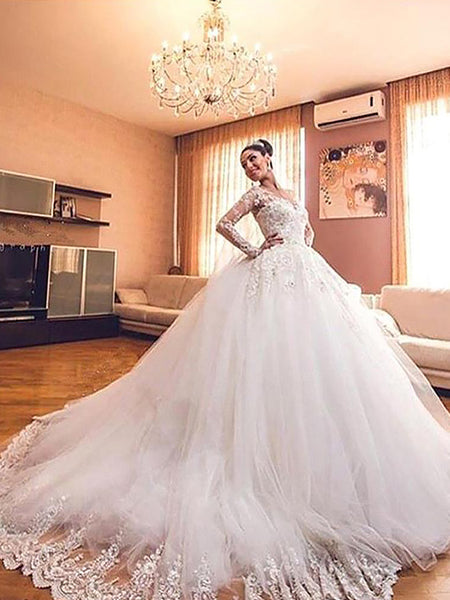 Ball Gown V-neck Court Train Long Sleeves Tulle Wedding Dress