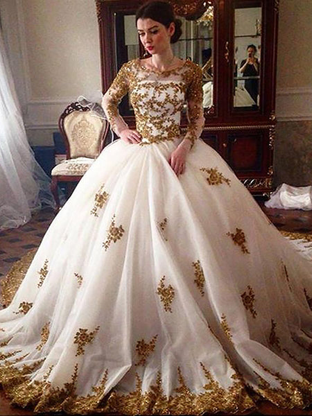 Ball Gown Scoop Court Train Long Sleeves Tulle Wedding Dress