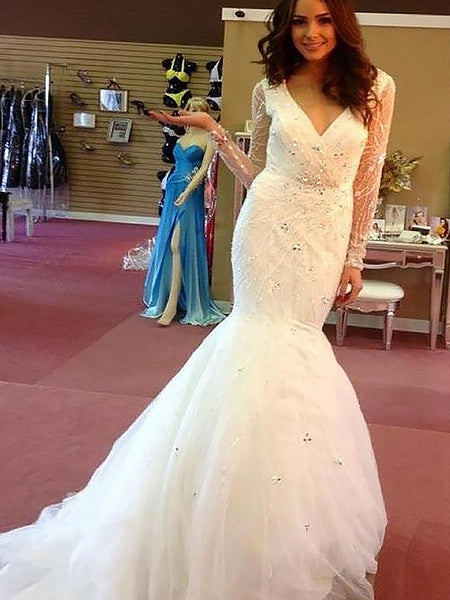 Trumpet/Mermaid V-neck Court Train Long Sleeves Tulle Bride Dress with Beading