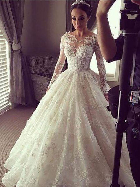 Ball Gown Scoop Court Train Long Sleeves Wedding Dress