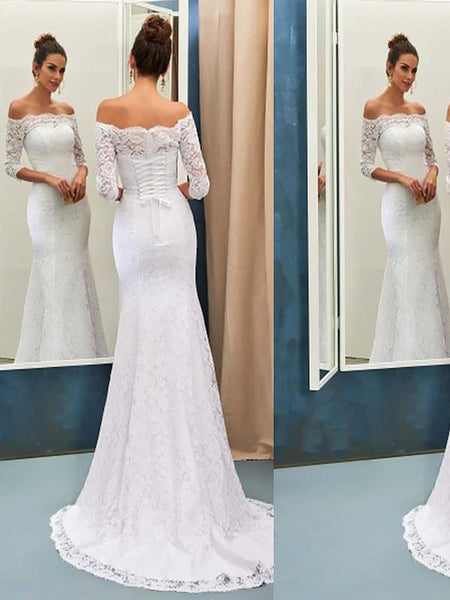 Trumpet/Mermaid Off-the-Shoulder Sweep/Brush Train Long Sleeves Wedding Dress