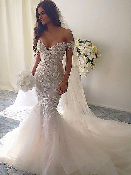 Trumpet/Mermaid Off-the-Shoulder Chapel Train Sleeveless Tulle Bridal Dress