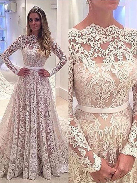 A-Line/Princess Bateau Court Train Long Sleeves Wedding Dress