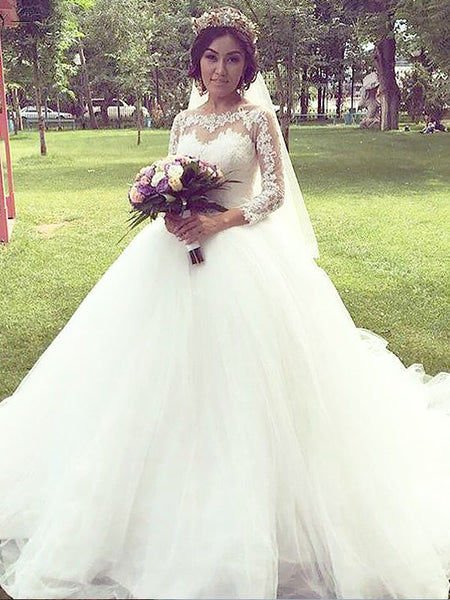 Ball Gown Bateau Court Train Long Sleeves Tulle Bridal Gown