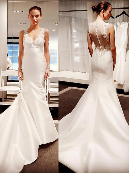 Trumpet/Mermaid V-neck Court Train Sleeveless Satin Bridal Dress