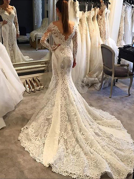 Trumpet/Mermaid V-neck Court Train Long Sleeves Wedding Dress