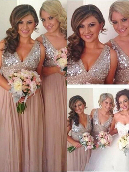 A-Line/Princess V-neck Chiffon Floor Length Sleeveless Bridesmaid Dress with Sequin