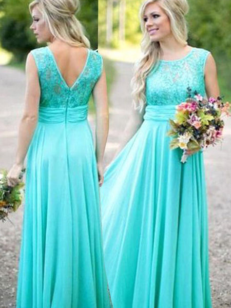 A-Line/Princess Scoop Chiffon Floor Length Sleeveless Bridesmaid Dress with Lace