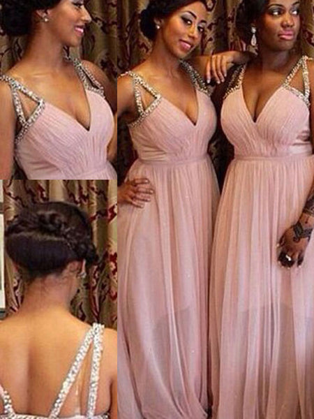 A-Line/Princess V-neck Chiffon Floor Length Sleeveless Bridesmaid Dress with Beading