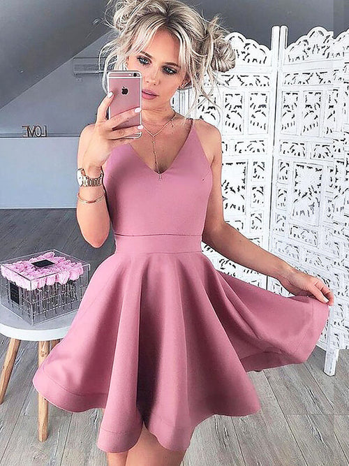 A-Line/Princess V-neck Satin Sleeveless Short/Mini Homecoming Dress