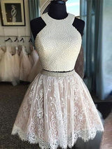 A-Line/Princess Jewel Lace Sleeveless Short/Mini Prom Dress with Pearls