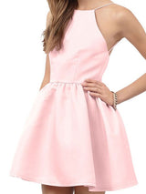 A-Line/Princess Halter Satin Sleeveless Short/Mini Backless Dress with Beading Lace