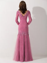 Mermaid/Trumpet V-Neck 3/4 Sleeves Tulle Floor Length Mother of the Bride Dress with Applique Beading