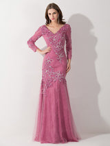 Mermaid/Trumpet V-Neck 3/4 Sleeves Tulle Floor Length Mother of the Bride Dress with Applique Beading