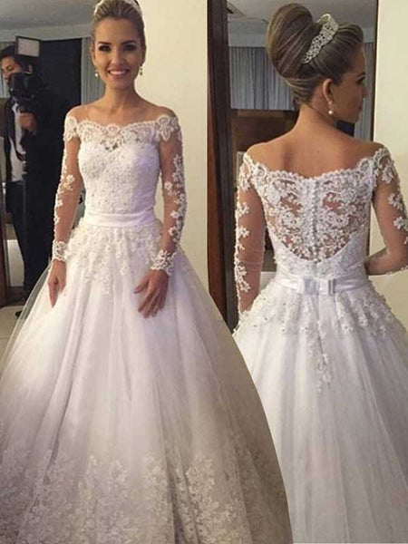 Ball Gown Off-the-Shoulder Court Train Long Sleeves Tulle Wedding Dress