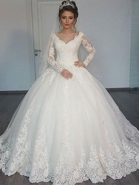 Ball Gown V-neck Court Train Long Sleeves Tulle Bridal Dress