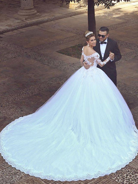 Ball Gown Off-the-Shoulder Court Train Long Sleeves Tulle Wedding Dress