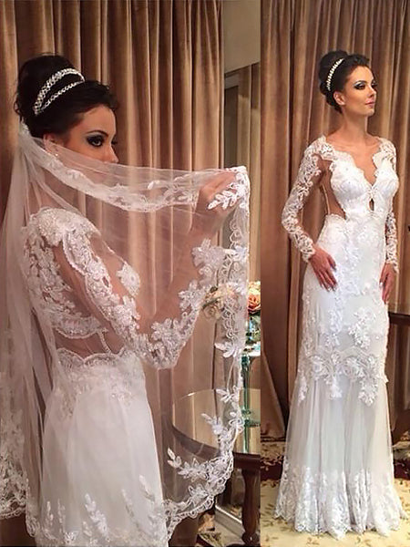 Sheath/Column V-neck Sweep/Brush Train Long Sleeves Tulle Bridal Gown