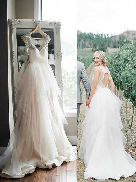 A-Line/Princess Straps Sweep/Brush Train Sleeveless Tulle Wedding Dress