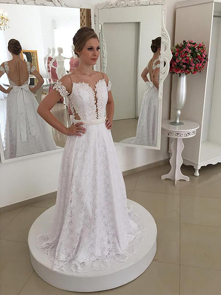 A-Line/Princess Scoop Sweep/Brush Train Short Sleeves Wedding Dress