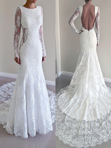 Trumpet/Mermaid Scoop Court Train Long Sleeves Lace Bridal Dress