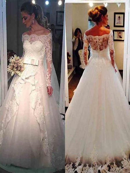 Ball Gown Off-the-Shoulder Sweep/Brush Train Long Sleeves Tulle Wedding Dress