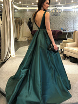 A-Line/Princess Bateau Sweep/Brush Train Satin Prom Evening Dress with Beading