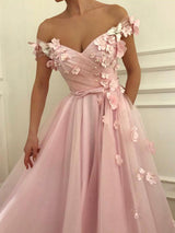 A-Line/Princess Off-the-Shoulder Floor Length Tulle Prom Formal Dress with Applique