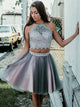 A-Line/Princess Halter Tulle Sleeveless Short/Mini Two Piece Homecoming Dress with Applique