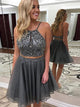 A-Line/Princess Spaghetti Straps Tulle Sleeveless Short/Mini Two Piece Dress with Beading