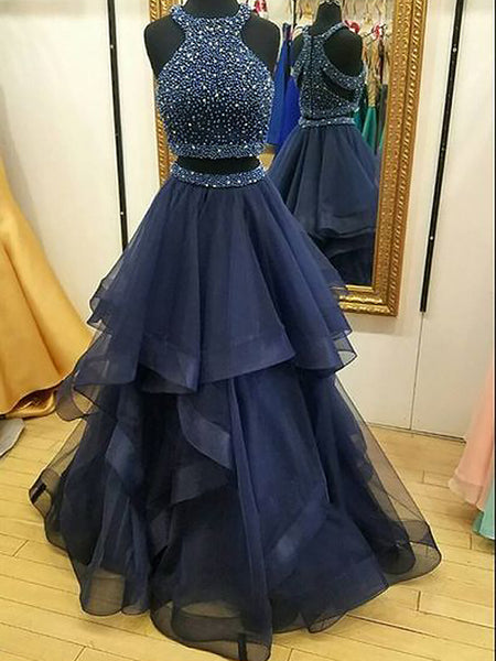 A-Line/Princess Halter Tulle Sleeveless Floor Length Prom Evening Dress with Beading