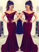 Trumpet/Mermaid Off-the-Shoulder Satin Sleeveless Sweep/Brush Train Formal Evening Dress with Lace